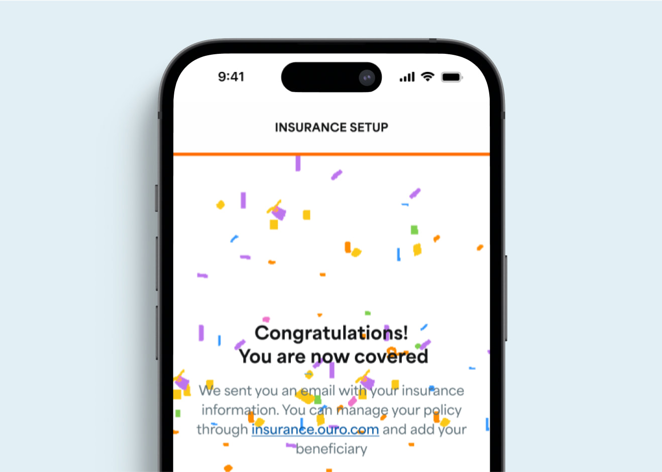 Accidental insurance congratulations screen displayed on an iPhone