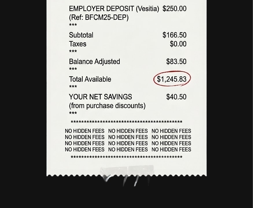 A reciept showing a direct deposit with total available balance and no hidden fees