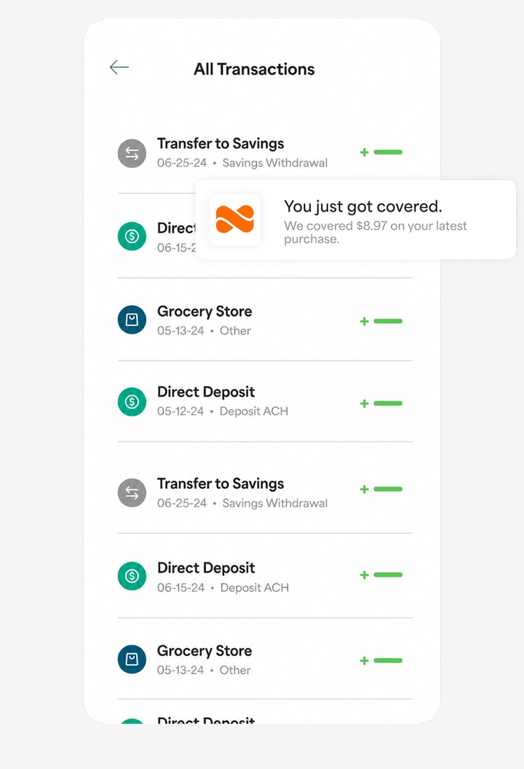A list of transactions with a notification of a purchase cushion of $8.97 applied