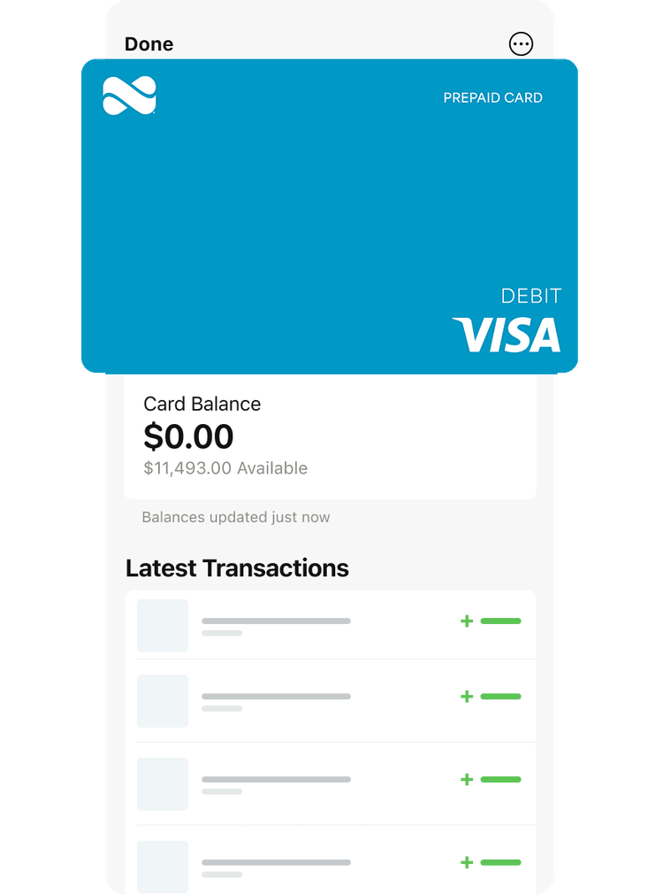 Netspend blue prepaid card with a list of latest transactions