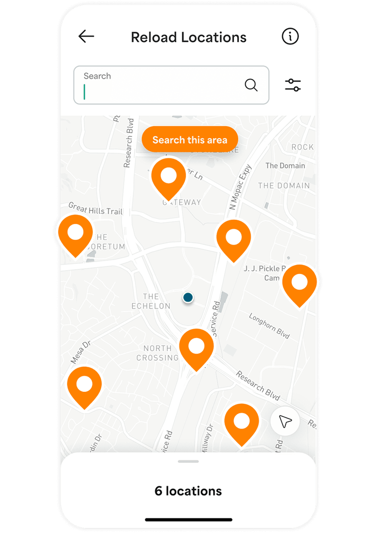Screenshot of the reload locations in the Netspend app