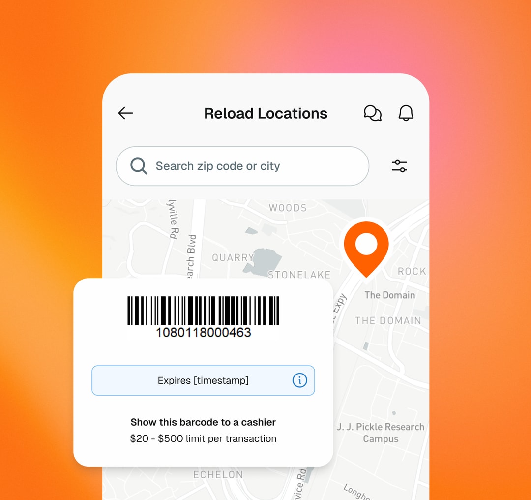 Screenshot of the Reload Locations screen in app with an example of a barcode to scan a check